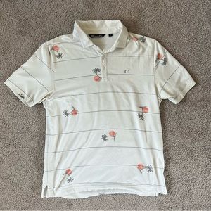 Travis Mathew White Stripe Polo Mens Short Sleeve Palm Tree Beach Sunset Large